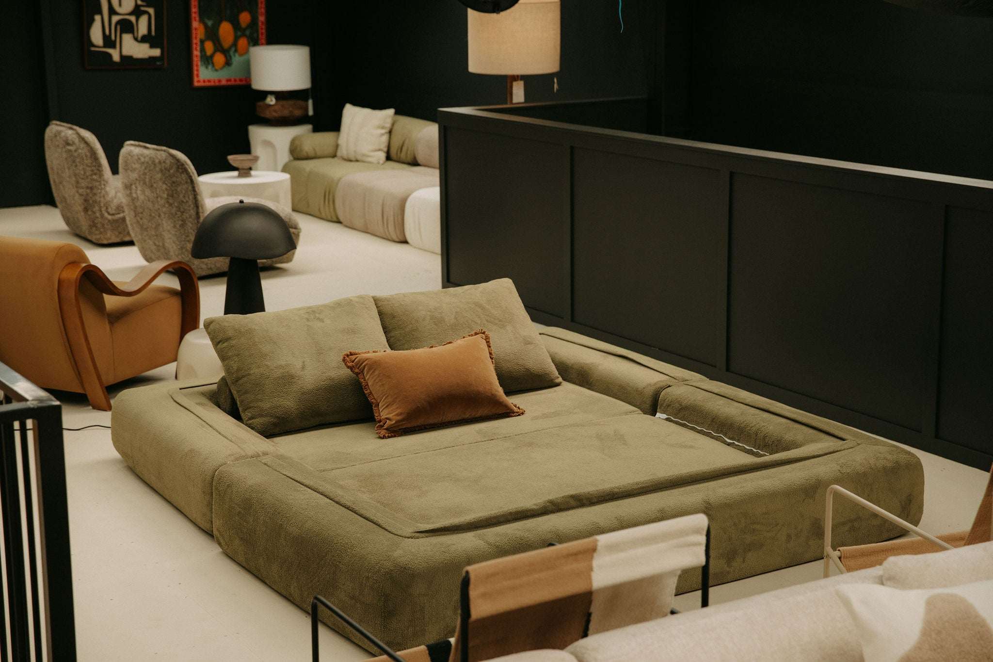 Modular Sofa Bed — Soft Olive Bouclé