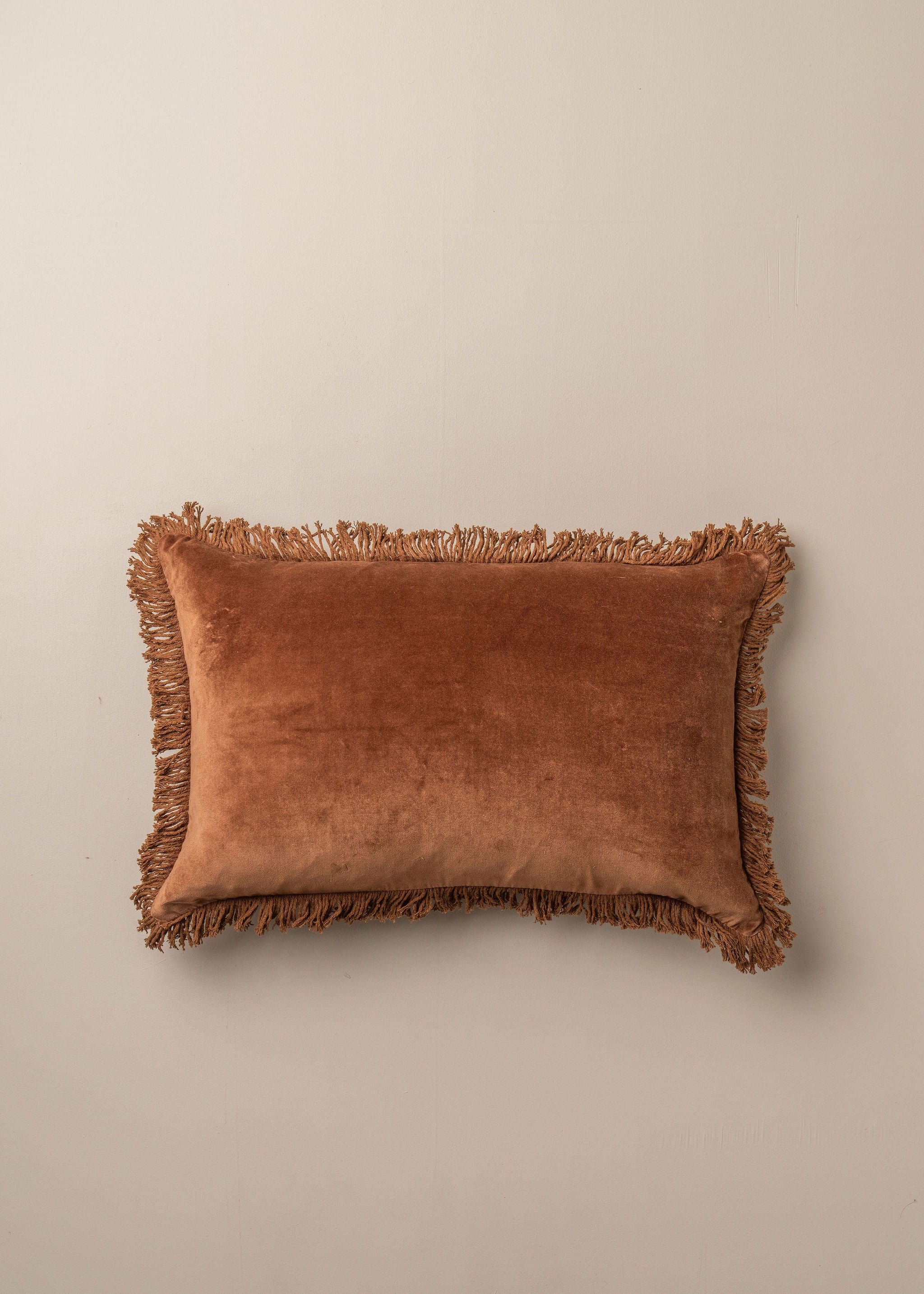 Saarde Velvet Fringed Lumbar Cushion - Terracotta