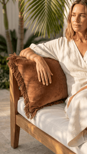 Saarde Velvet Fringed Lumbar Cushion - Terracotta