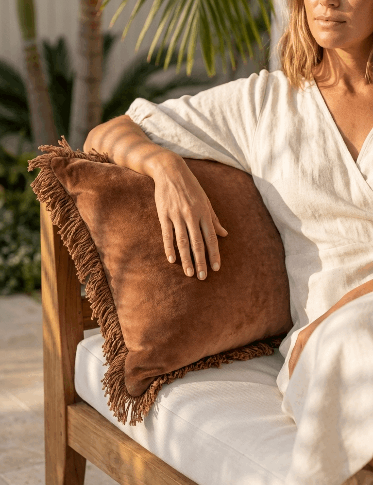 Saarde Velvet Fringed Lumbar Cushion - Terracotta
