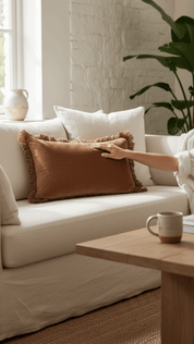 Saarde Velvet Fringed Lumbar Cushion - Terracotta