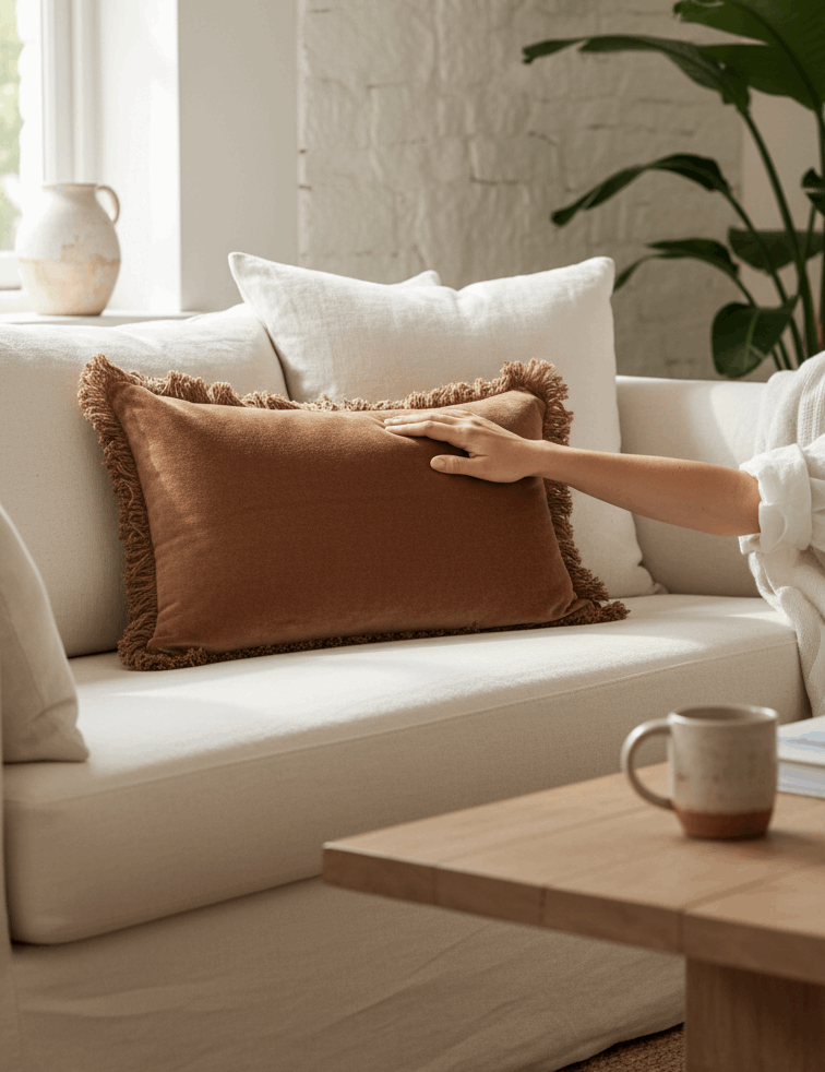 Saarde Velvet Fringed Lumbar Cushion - Terracotta
